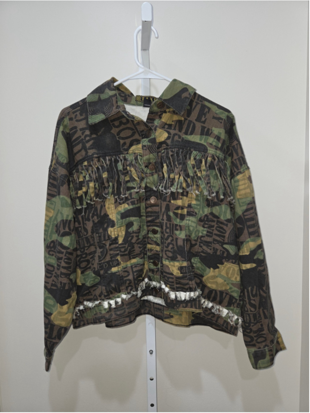 Taxi Women's Camo Fringe Denim Jacket 2X Green Brown